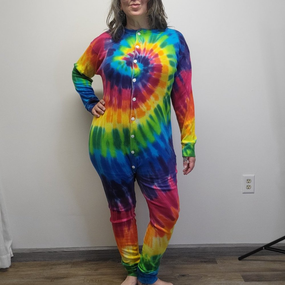 Vtg 90s SUNDOG Psychedelic Rainbow Swirl Tie Dye Union Suit Unisex XL - EUC - Picture 8 of 12